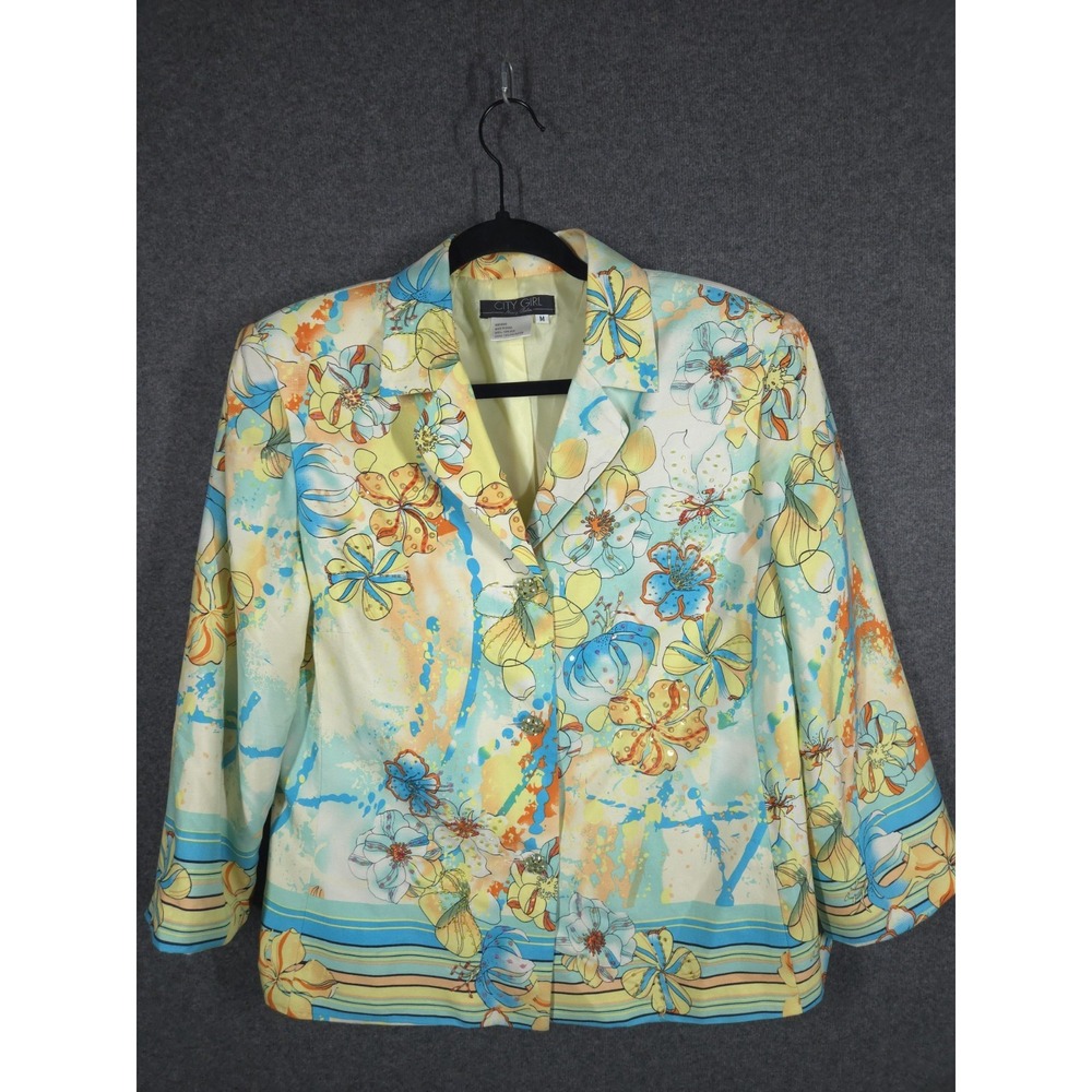 City Girl by Nancy Bolen Silk‎ Floral Jacket Blazer Women's Medium 90s Y2K
